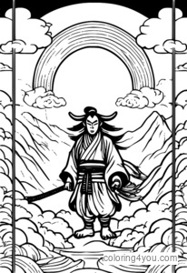 pagina da colorare di un tengu sulla cima della montagna