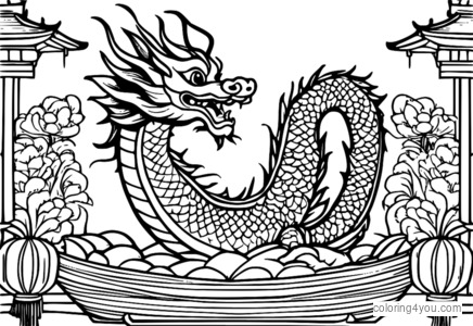 farbenfroher Festwagen zum chinesischen Neujahr mit einem leuchtenden Drachen und traditionellen Dekorationen