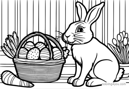 Giant Easter bunny munching on a basket of colorful Easter carrots