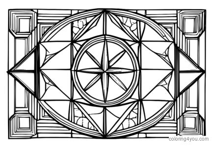 Kaca pewarnaan bentuk geometris kanthi ekspresi seni lan desain simetris