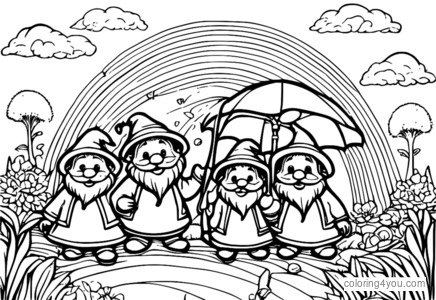 Gnomos e borboletas dançando sob um guarda-chuva com as cores do arco-íris