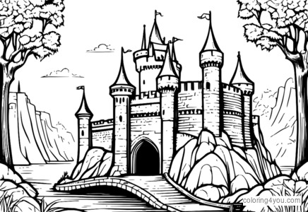 Coloriage Château médiéval avec canon et pont-levis