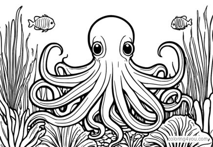 Coloring page of octopus and calamari playing together