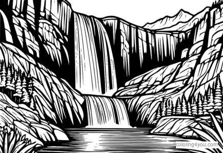 Coloring page of Ouray Falls, surrounded by lush vegetation and crystal-clear waters