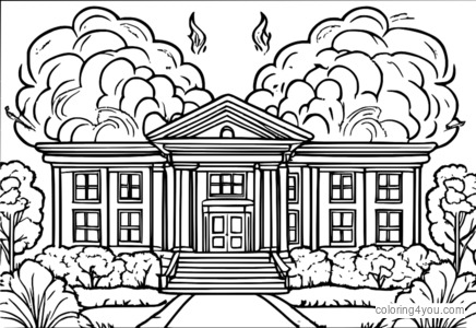 School principal with angry face and explosions in background. Fun coloring page for kids.