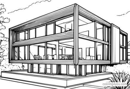 kleurplaat van een roestvrijstalen gebouw met een modern en strak design.