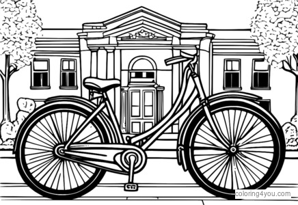 Una bicicletta d'epoca con ruote grandi parcheggiata di fronte a un edificio scolastico.