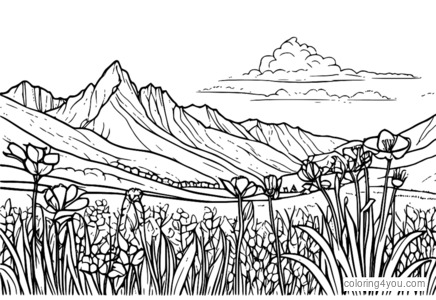 Een kleurrijke illustratie van een weide met wilde bloemen met een bergketen op de achtergrond en een paar wolken aan de hemel.