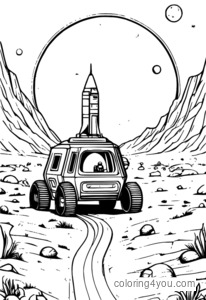 Een groep astronauten verzamelde zich rond een maanrover, met voetafdrukken naar hen toe.