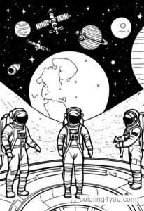 Coloring page of space station with astronauts on repair