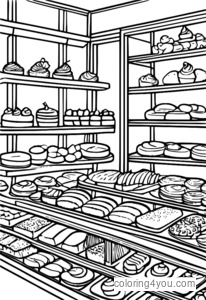 illustration colorée d'une boulangerie avec une variété de pâtisseries et de gâteaux.