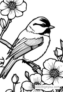 Chickadee kleurplaat met bloeiende bloemen