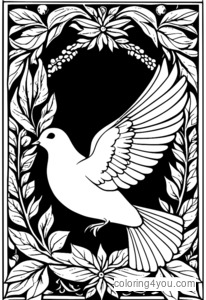 Coloring pages of a dove in a Christmas wreath.