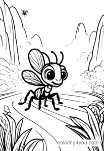 Cute ant carrying a tiny backpack and walking on a road.