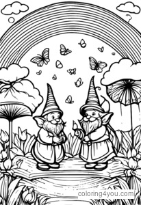 Gnomes lan kupu-kupu nari ing ngisor payung warna pelangi