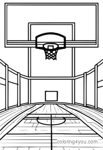 Pagina da colorare di basket per bambini in campo con linee da tre punti