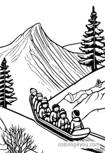 A group of kids sledding down a steep, snowy hill with a few cliffs and tree branches in the way.