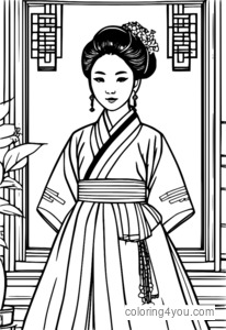 A traditional Korean Hanbok coloring page, Learn about Korean culture, traditional Korean dress