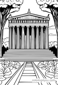 Coloring page of the Parthenon with wind in the trees