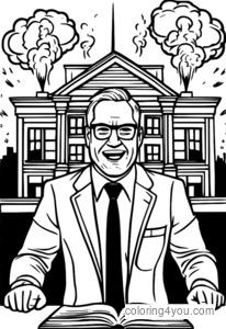 School principal with angry face and explosions in background. Fun coloring page for kids.