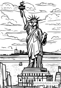 Coloring page of the Statue of Liberty in a watercolor style in New York City