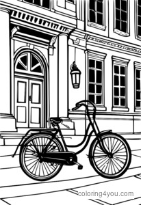 Una bicicletta d'epoca con ruote grandi parcheggiata di fronte a un edificio scolastico.