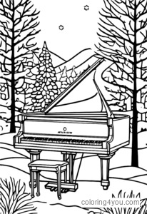 Una tranquila escena de piano invernal con un piano cubierto de nieve.