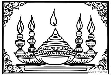 Pagina da colorare di lampade e fiori tradizionali fai da te Diwali