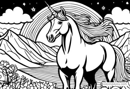 Horse with a unicorn horn and a rainbow mane, in a magical landscape