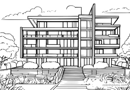 kleurplaat van een groen gebouw met een duurzaam en milieuvriendelijk ontwerp.