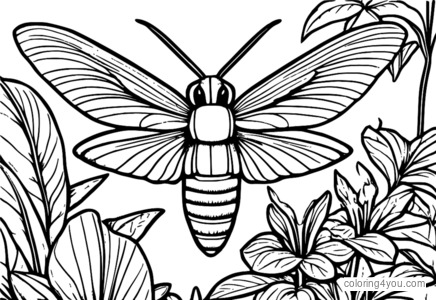 Whimsical illustration of a hummingbird moth in a jungle garden