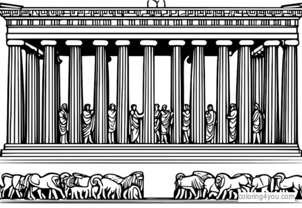 Coloring page of the Parthenon's frieze, with mythological scenes and figures