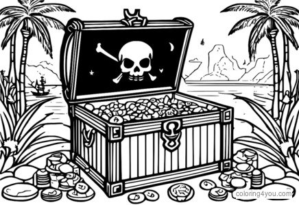 Isang pirate skeleton na nagbabantay sa isang treasure chest na may markang X.