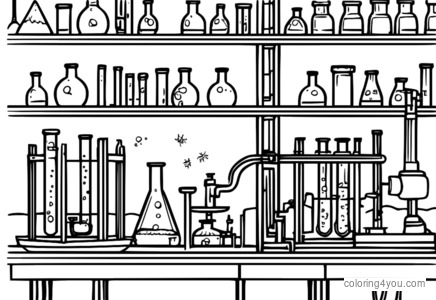 Malvorlage Polarwissenschaftslabor mit Eiskristallen und Reagenzgläsern.