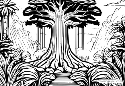 coloriage d’un arbre de la forêt tropicale.