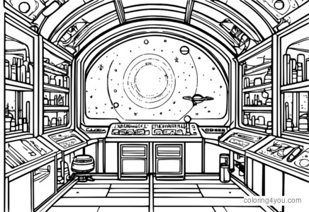 Coloriage de laboratoire spatial avec équipement spatial et tubes à essai.