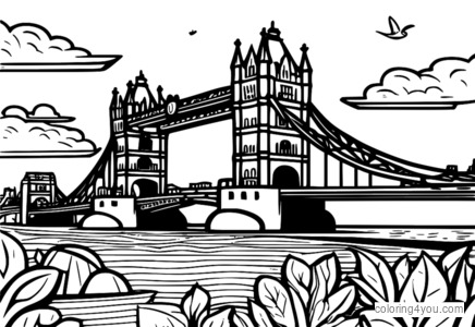 Criança colorindo Tower Bridge, ilustração divertida