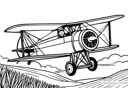 A vintage biplane flying over a sunny countryside with a smiling pilot