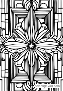 Colorful geometric pattern coloring page with symmetrical design and lines