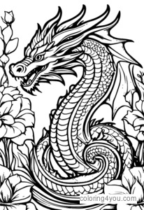 Dragon-themed floral spiral design for coloring