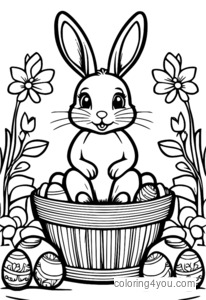 Easter bunny sitting next to a colorful Easter basket