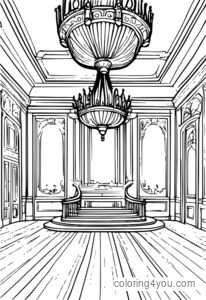 pahina ng pangkulay ng isang grand ballroom na may malaking chandelier, sa loob ng royal castle.