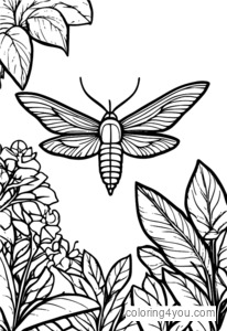 Whimsical illustration of a hummingbird moth in a jungle garden