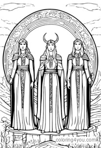 Três Norns em pé em Brindlemark, a fronteira entre a terra dos vivos e a terra dos mortos, cercada pelos portões de Hel e pela entrada para Asgard.