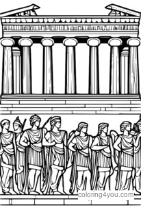 Coloring page of the Parthenon's frieze, with mythological scenes and figures