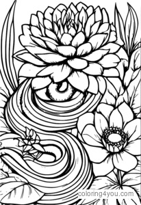 Coloring page of a snake-inspired flower arrangement with geometric patterns