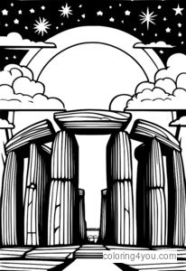 Coloriage de Stonehenge la nuit pour enfants et adultes