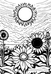 Un jardin fantastique avec d'imposants tournesols, fleurs et créatures fantastiques sous un ciel ensoleillé