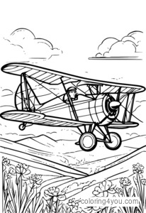 A vintage biplane flying over a sunny countryside with a smiling pilot