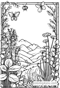 Whimsical herb garden coloring page with vintage touch and hanging herb bundles.